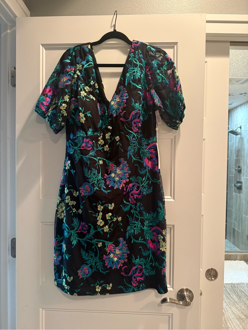 Black Mini Dress with Teal & Pink Floral Embroidery
